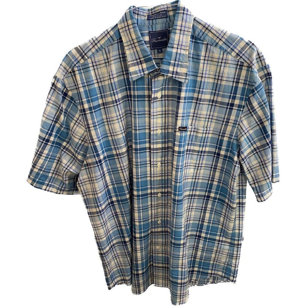 Faconnable Button Down Shirt Mens Large Blue Plaid Cotton Pocket L